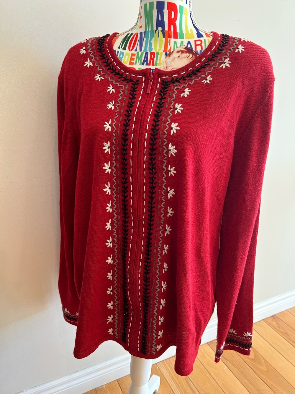 Vintage Alfred Dunner Red Embroidered Knit Cardigan